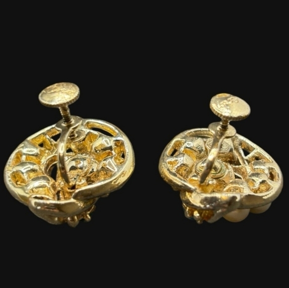 Mint Vintage 1950s Coro Craft Blue Rhinestone Faux Pearl Screw Back Earrings - Picture 7 of 13